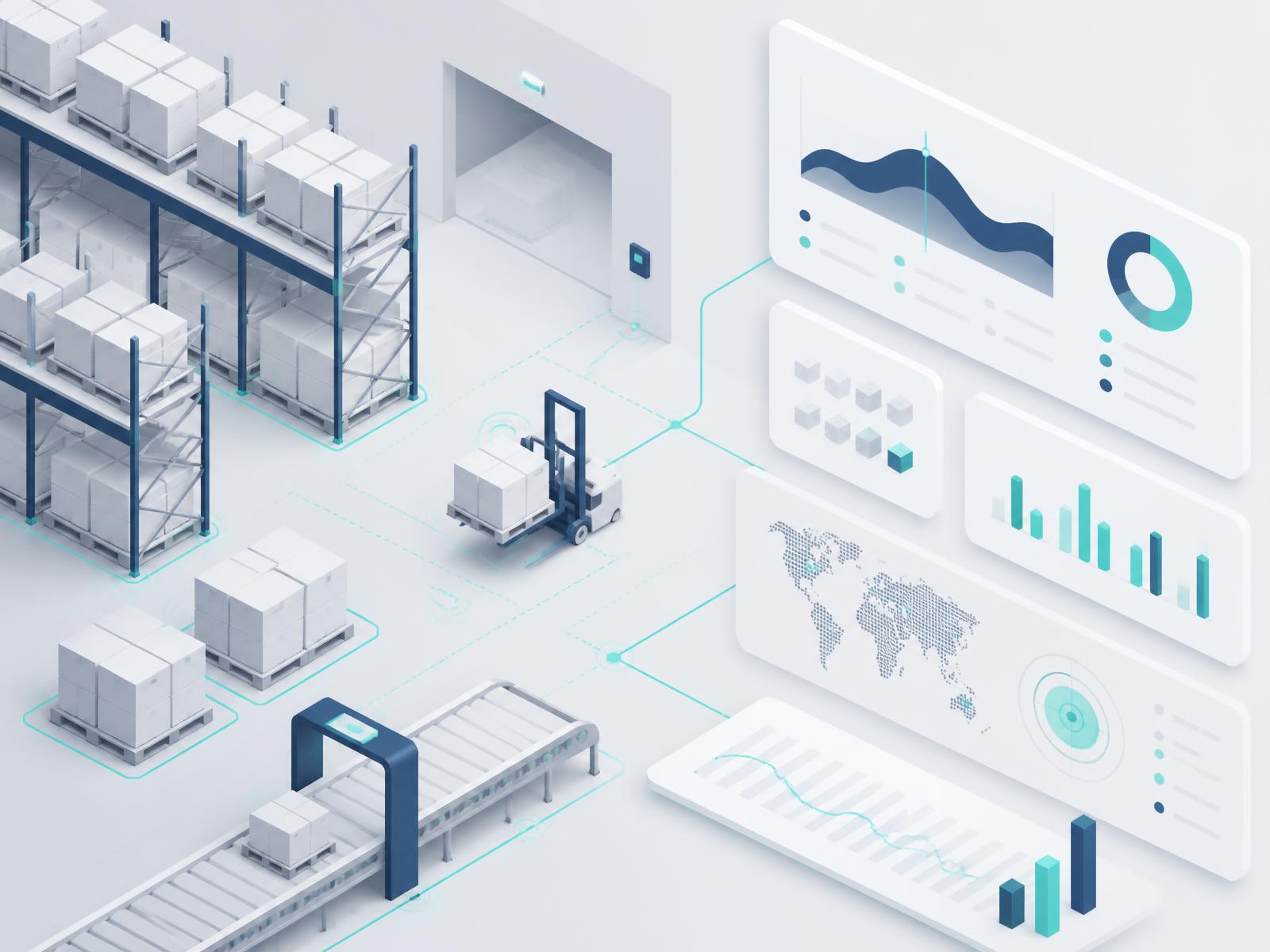 Abstract visualization of warehouse receiving, inventory and shipping data flowing into operational dashboards
